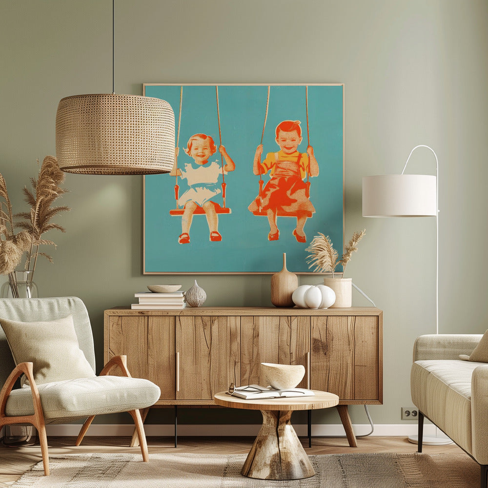 Two Little Girls On Swings - Poster / Art Print