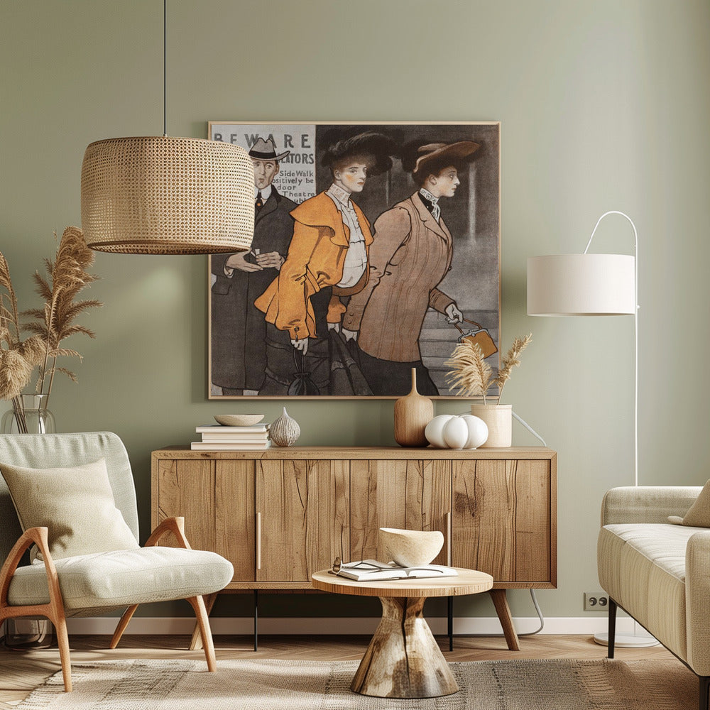 A vintage illustration of three people in early 20th-century clothing. A man in a dark suit and hat stands behind two women. The woman in the center wears a vibrant orange jacket and a large black hat, while the woman on the right wears a tailored brown suit and carries a small orange purse. They are walking on a city street past a sign that reads 'BEWARE TICKET SCALATORS'. Decor