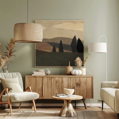 A minimalist painting of a Tuscan-style landscape with rolling hills in shades of brown and muted green. Four dark, stylized cypress trees stand in the foreground under a soft, cloudy beige sky. The entire piece is framed in a light wood frame. Print