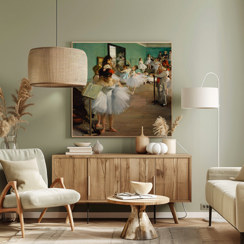 A vintage painting by Edgar Degas, 'The Dance Class,' showing a group of young ballerinas in white tutus in a rehearsal studio with green walls and a wooden floor. An older man, the ballet master, stands observing them with a long cane. Some dancers are practicing, others are resting or adjusting their attire. Poster