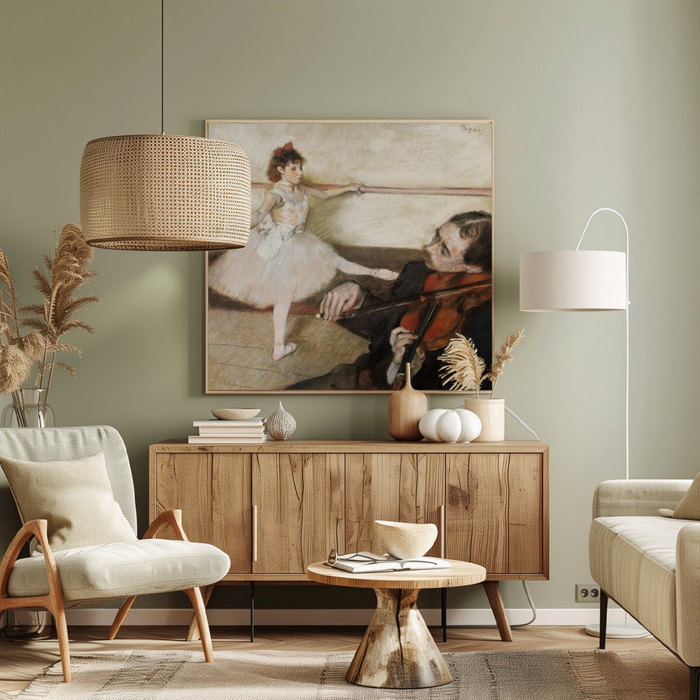 An impressionist painting by Edgar Degas of a young ballerina in a white tutu practicing at a barre while a musician in the foreground plays the violin. Poster