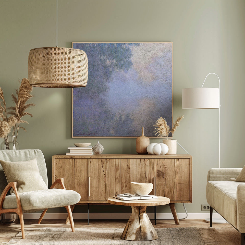 A square abstract painting in a light wood frame. The artwork has a rough texture and features a blend of muted colors, including shades of periwinkle blue, lavender, and grey, with a brighter, silvery-white area in the upper right, creating a cloudy, atmospheric effect. Poster