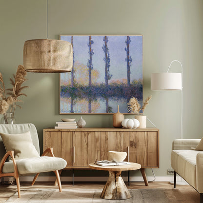 An Impressionist painting by Claude Monet from his 'Poplars' series, featuring a row of four tall, slender trees and their reflections in the water. The artwork uses a soft color palette of blues, purples, and pale yellows to create a hazy, serene atmosphere, and is presented in a light wood frame. Decor