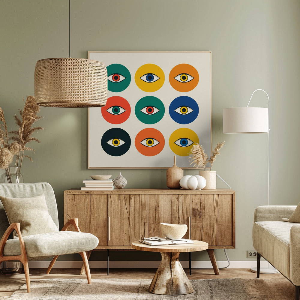 A framed modern art print featuring a 3x3 grid of nine colorful circles on an off-white background. Each circle, in shades of green, yellow, orange, red, and blue, contains a single stylized eye, creating a repeating pop art pattern. Wall Art
