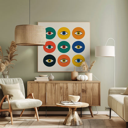 A framed modern art print featuring a 3x3 grid of nine colorful circles on an off-white background. Each circle, in shades of green, yellow, orange, red, and blue, contains a single stylized eye, creating a repeating pop art pattern. Wall Art