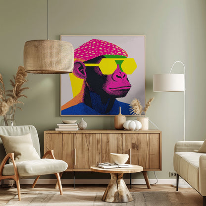 A pop art style portrait of a chimpanzee wearing a bright pink beret, large yellow hexagonal sunglasses, and a blue shirt. The artwork is characterized by bold, vibrant colors and a graphic, textured style, all set within a light wood frame. Poster