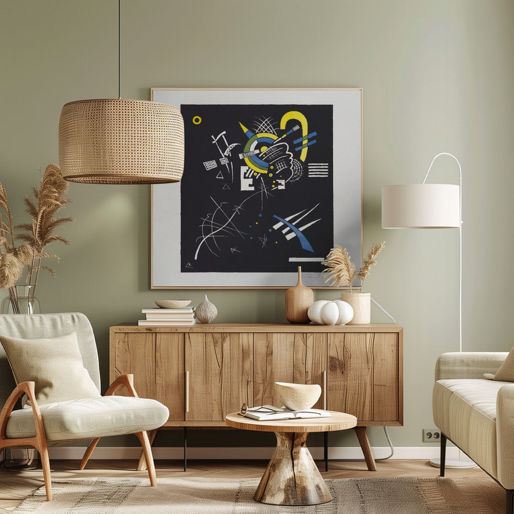 An abstract print by Wassily Kandinsky titled 'Small Worlds VI', featuring a dynamic composition of geometric and organic shapes in vibrant yellow, blue, and white against a stark black background. The artwork is presented within a light wood frame. Wall Art