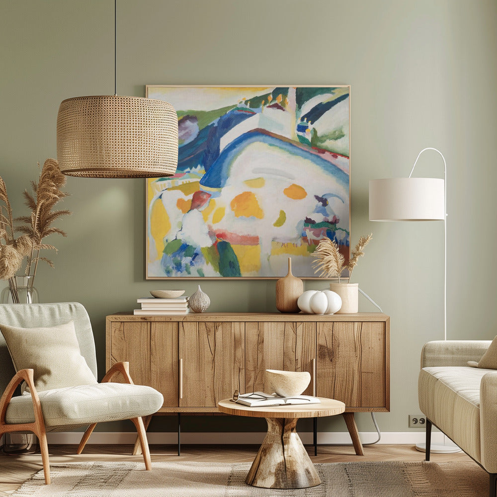 A framed abstract painting by Wassily Kandinsky, 'The Cow', depicting a large, stylized white and yellow cow in a vibrant landscape of blue and green hills, rendered in an expressionist style with bold colors. Print