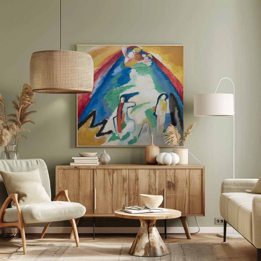 An abstract expressionist painting in a light wood frame. The artwork features a large, dominant blue mountain-like shape at its center, with an arch of red and yellow above it. In the foreground, there are stylized, abstract figures and a bold black zigzag line against a white and green background. Print