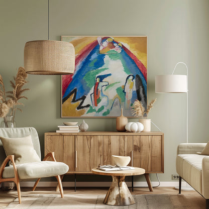 An abstract expressionist painting in a light wood frame. The artwork features a large, dominant blue mountain-like shape at its center, with an arch of red and yellow above it. In the foreground, there are stylized, abstract figures and a bold black zigzag line against a white and green background. Print