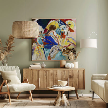 An abstract painting by Wassily Kandinsky titled 'Improvisation 31 (Sea Battle)' in a light wood frame. The composition is a chaotic explosion of vibrant colors, dominated by large areas of deep blue, bright yellow, and red. Dynamic black lines and abstract shapes swirl across the canvas, suggesting motion and energy. Print