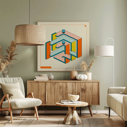 A framed artwork of an impossible geometric structure in a retro color palette. The maze-like object features orange, yellow, pink, and light blue surfaces with dark teal outlines, all on an off-white background. Two blue spheres rest on different levels of the structure. Wall Art