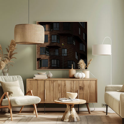 A close-up photograph of a modern red-brick apartment building, framed in light wood. A sharp shadow line divides the facade, with a lit streetlamp providing a warm yellow glow in the shaded area. Decor