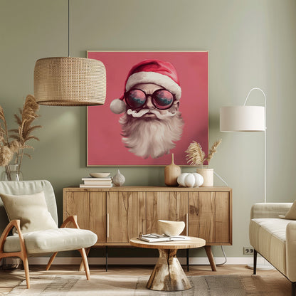 A modern, stylized portrait of Santa Claus against a solid pink background. He wears a classic red Santa hat and large, round sunglasses that reflect a colorful sky. His white mustache is perfectly curled, and he has a full white beard. Print