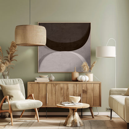 A square abstract artwork in a light wood frame, featuring two large, opposing curves. A dark brown arc dominates the top half, while a light gray and white arc fills the bottom half, creating a balanced, minimalist composition with a textured finish. Poster