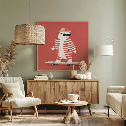A framed illustration of a cool cartoon seal wearing a red and white striped swimsuit, a cap, and sunglasses while riding a skateboard against a solid red background. Poster