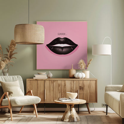 A framed pop art illustration of glossy black lips against a vibrant pink background. Above the lips, the word 'SHHH...' is written in a simple black font, implying silence. Print