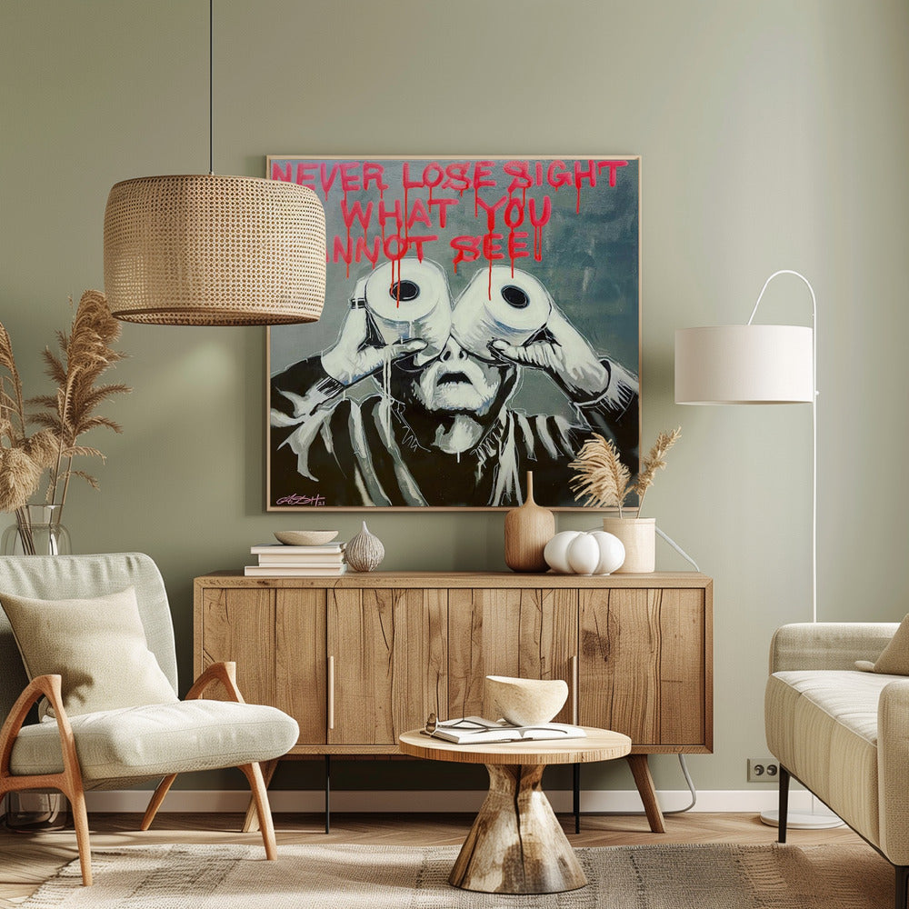 A framed modern art painting depicting a person in black and white holding two toilet paper rolls to their eyes like binoculars. Above them, the phrase 'NEVER LOSE SIGHT OF WHAT YOU CANNOT SEE' is written in dripping red paint against a gray background. Print