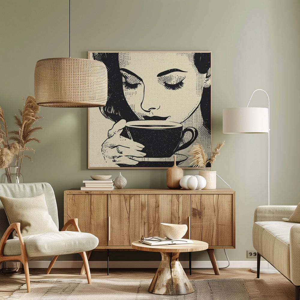 A pop art style illustration of a woman with dark hair and long eyelashes, her eyes closed as she holds a black coffee cup and saucer. The image uses a halftone dot pattern common in retro comics, set against a cream-colored background and framed in light wood. Print