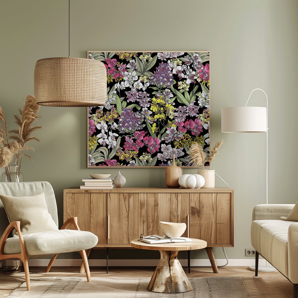 A vibrant, hand-drawn floral pattern of colorful orchids in pink, purple, yellow, and white. The dense botanical illustration, with its lush green leaves, is set against a stark black background, all enclosed within a light wood frame. Artwork
