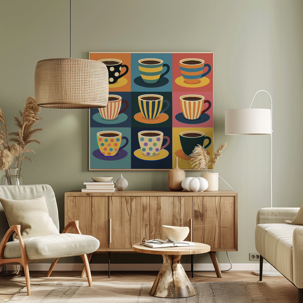 A framed pop art style illustration of nine coffee cups arranged in a 3x3 grid, each with a unique colorful pattern of stripes or polka dots against a different colored background square. Decor