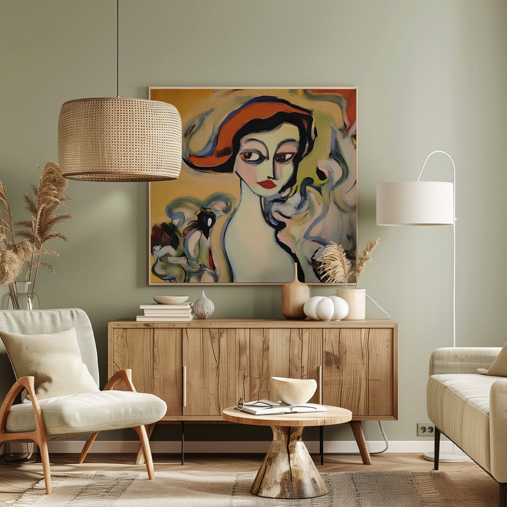 An abstract portrait painting of a woman with pale green skin, large dark eyes, and red lips, wearing a vibrant orange hat. The background is a warm yellow, and she is surrounded by swirling, expressive brushstrokes in shades of blue, green, and white. The painting is enclosed in a light-colored wooden frame. Wall Art