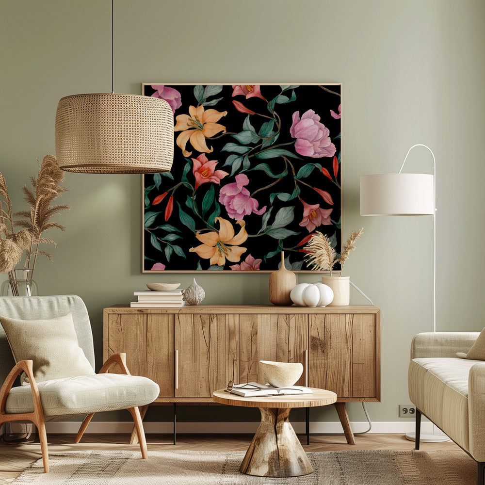 A watercolor floral pattern featuring pink peonies, orange lilies, and green leaves intertwined on a dark black background, all framed by a light wood border. Poster