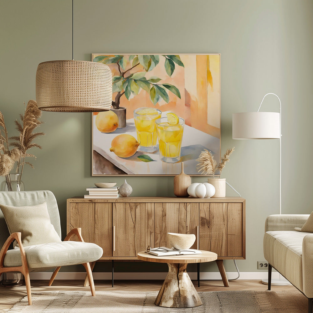 A watercolor painting in a light wood frame depicting a sunny still life. On a white table sit two glasses of yellow lemonade, garnished with lemon slices. Two whole lemons rest nearby, along with a small potted lemon tree with green leaves. The background is a warm, sunlit peach-colored wall. Poster