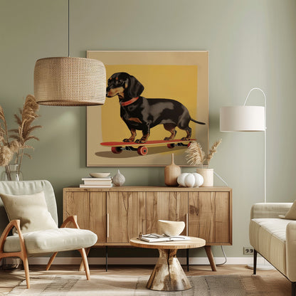 An illustration of a black and tan dachshund standing on a red skateboard against a mustard yellow background. The dog is in profile, wearing a red collar, and the artwork is shown in a light wood frame. Poster