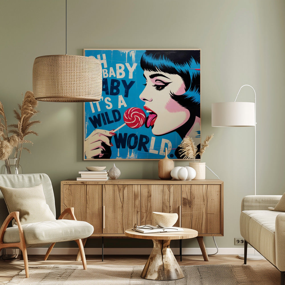 A pop art illustration of a woman with blue-black hair in profile, licking a red and white swirled lollipop against a bright blue background with the text 'OH BABY BABY IT'S A WILD WORLD'. Print
