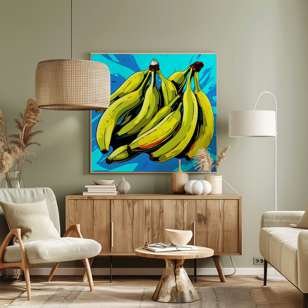 A vibrant pop art illustration of a large bunch of yellow-green bananas against a bright, textured blue background, all enclosed in a simple light wood frame. Decor