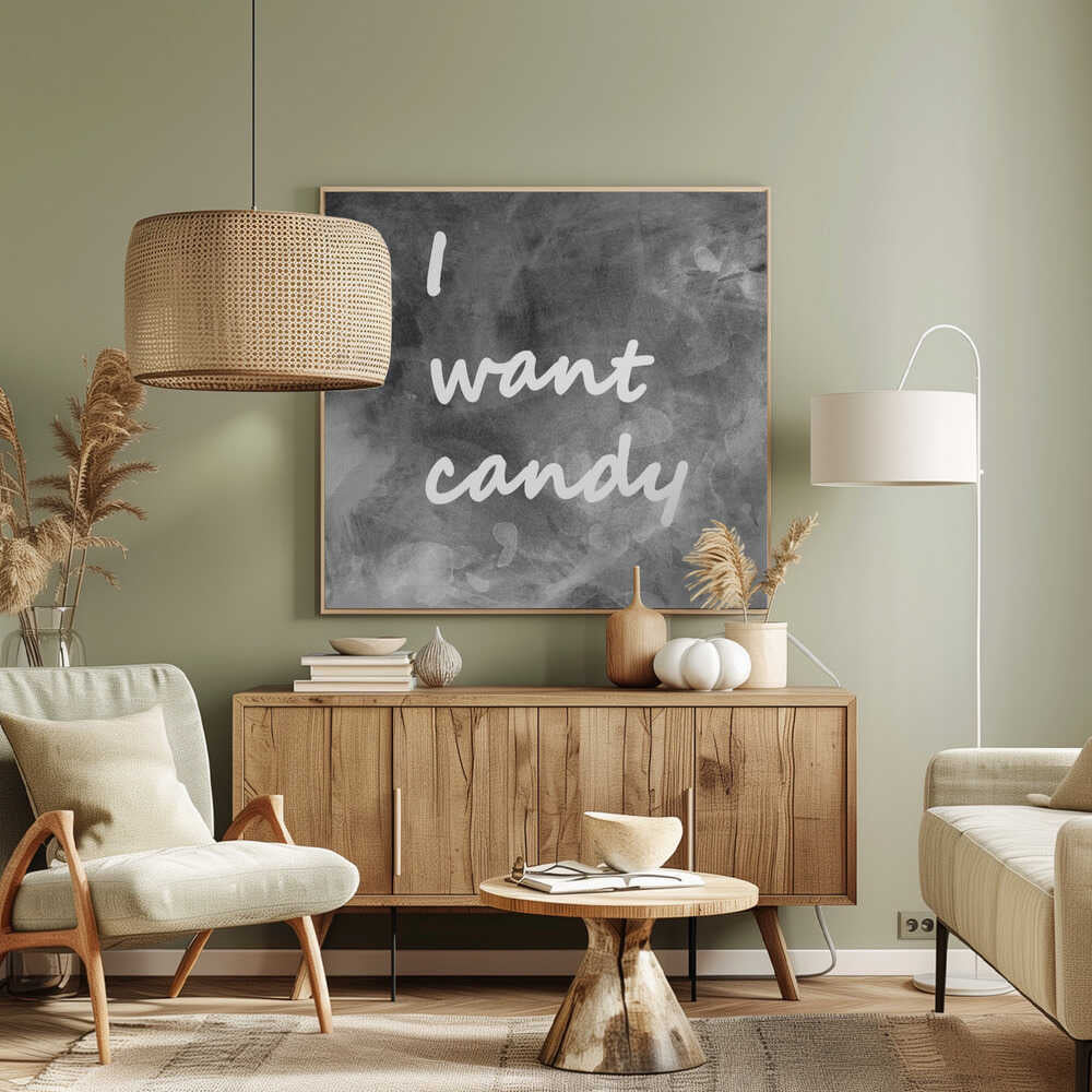 A framed typography art piece with a light brown wood frame. It features the phrase 'I want candy' in a white, handwritten script against a textured, dark gray and white chalkboard-style background. Wall Art