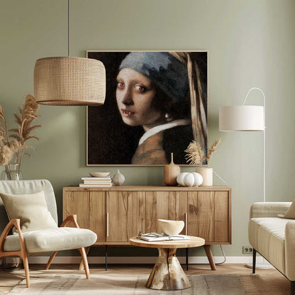 A framed oil painting parody of Vermeer's 'Girl with a Pearl Earring,' reimagined as a vampire. The girl has pale, cracked skin, glowing red eyes, and visible fangs as she gazes back over her shoulder. The classic blue and yellow turban and pearl earring contrast with the dark, gothic alteration. Wall Art