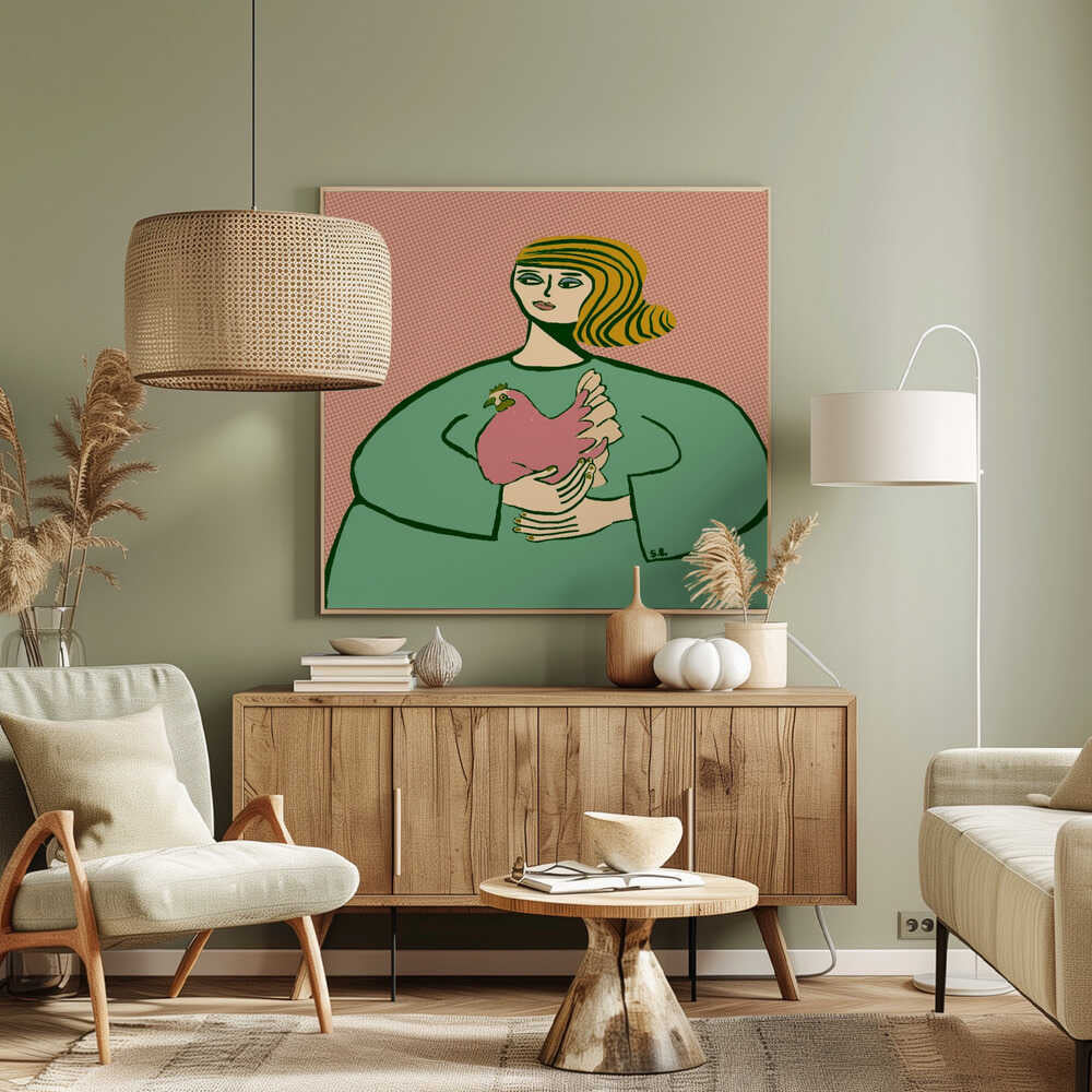 A stylized illustration of a woman with wavy, striped blonde hair wearing a loose green tunic. She is cradling a pink chicken in her arms against a muted pink, patterned background. The artwork is displayed in a light wood frame. Poster