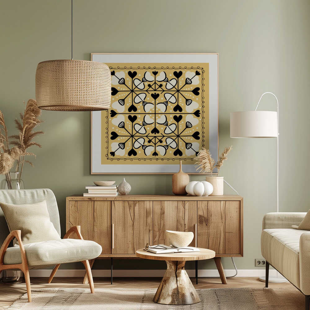 A framed square art print with a symmetrical folk art pattern on a mustard yellow background. The intricate black and white design features repeating heart and floral-like motifs, enclosed by a hand-drawn looped border. Poster