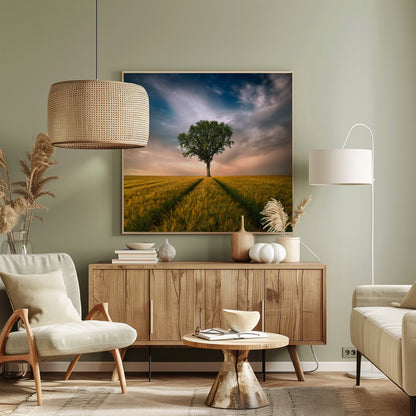 A solitary green tree stands proudly in the center of a golden wheat field. A path created by tire tracks leads directly to the tree. The sky above is a dramatic mix of dark, moody clouds and the warm glow of a sunset on the horizon. The photograph is enclosed in a simple, light-colored wood frame. Print