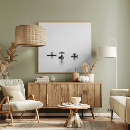 A minimalist black and white photograph of three fishermen in small boats on a calm, misty lake, each holding an umbrella. The image is framed in light wood. Artwork