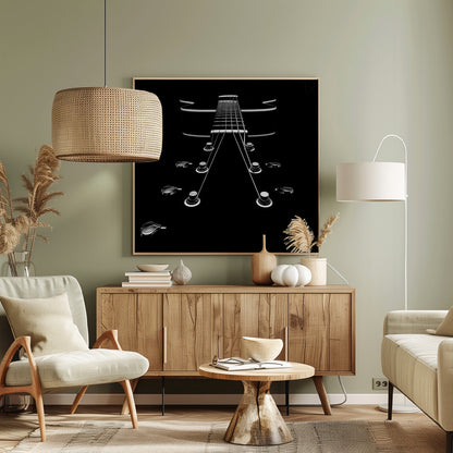 A dramatic, low-angle, black and white photograph of an electric guitar. The perspective looks up from the headstock, with the shiny tuning pegs and strings creating strong leading lines towards the fretboard and body, which are outlined in white against a solid black background. Poster