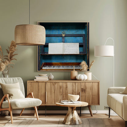 A vintage keyboard instrument is displayed inside a rustic wooden box with a distressed blue interior. An open book of sheet music rests on a black stand above the white and black keys. The entire piece is set within a simple, light-colored wood frame. Decor