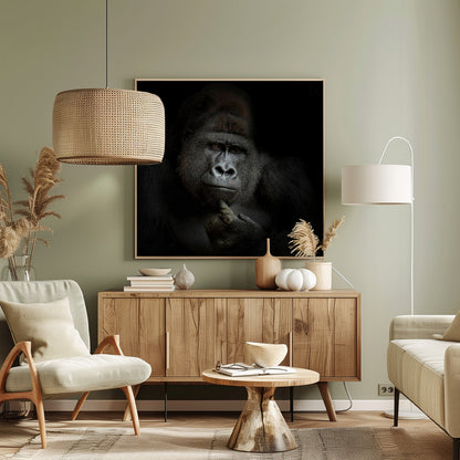 A dramatic, framed portrait of a gorilla against a black background. The gorilla looks directly at the viewer with a thoughtful expression, its chin resting on its hand. Decor