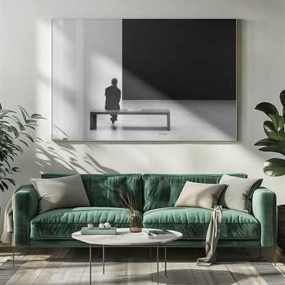 A black and white photograph of a person seen from behind, sitting alone on a wooden bench in a minimalist art gallery. They face a large, starkly divided wall, half white and half black. The scene is presented within a silver picture frame. Poster