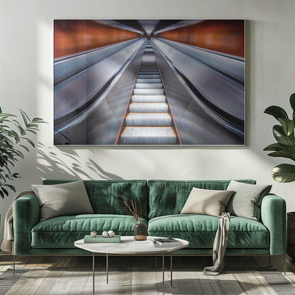 A symmetrical, low-angle photograph looking up a very long escalator, creating a strong sense of perspective towards a vanishing point. The orange walls are motion-blurred, suggesting speed, while the metallic steps in the center remain clear. Decor
