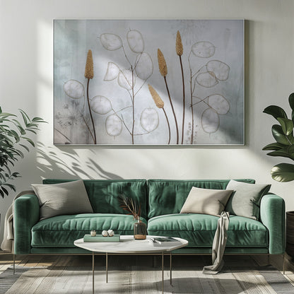 A framed botanical artwork featuring delicate dried stems of silver dollar plants (Lunaria annua) with their translucent white pods, alongside taller brown grasses. The arrangement is set against a muted, pale blue-gray background with faint floral imprints, creating a serene and natural composition. Wall Art