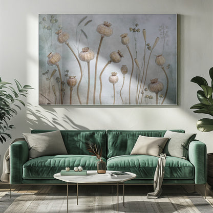 A framed artwork depicting a collection of dried poppy seed heads on long, elegant stems, arranged against a soft, textured sage green background with faint outlines of other plants. Wall Art