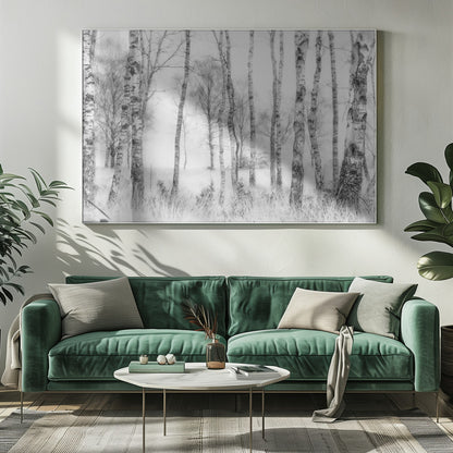A framed black and white photograph of a misty birch forest. The distinctive white and black trunks of the trees stand in the foreground and recede into a foggy background, with tall, light-colored grass at their base. Decor