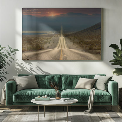 A high-angle view of a long, straight, and hilly road disappearing into the horizon of a vast desert valley at sunset, with mountains in the background under a warm, glowing sky, all enclosed in a silver frame. Poster