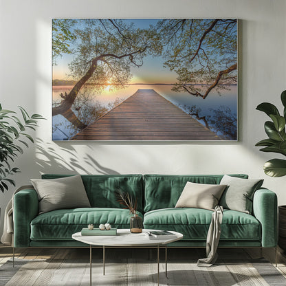 A tranquil sunrise over a still lake, viewed from a long wooden pier that stretches into the water, with silhouetted tree branches framing the serene scene. Poster