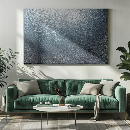 A massive, swirling school of countless small, silvery fish underwater, creating a dense, textured pattern. The light source from above illuminates the upper part of the school against a bright background, which darkens to a deep blue in the lower part of the image. The entire artwork is presented within a silver frame. Decor