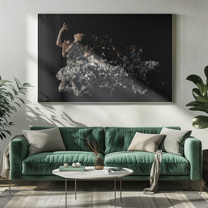 A conceptual piece of artwork depicting a woman in a dynamic pose against a solid black background. Her form appears to be shattering and dissolving into a swirling cloud of broken glass shards, creating a powerful and dramatic effect. The piece is presented within a simple silver frame. Print