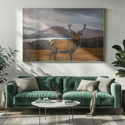 A majestic red deer stag with large antlers stands on a grassy hill, looking directly forward. In the background, a serene lake is surrounded by a dense forest and misty mountains under a dramatic, cloudy sky. The entire photograph is displayed within a silver-colored frame. Poster